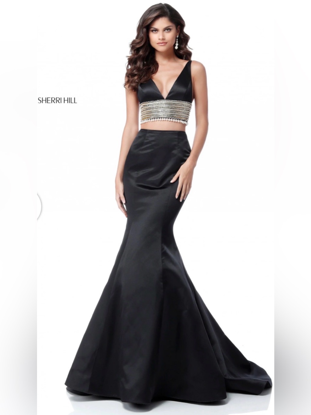 Sherri Hill Black Beaded Crop Top Mermaid Dress